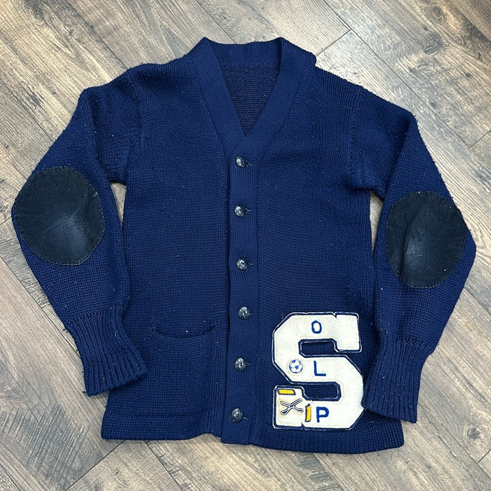 VINTAGE Letterman Cardigan Sweater Navy Blue with Felt S